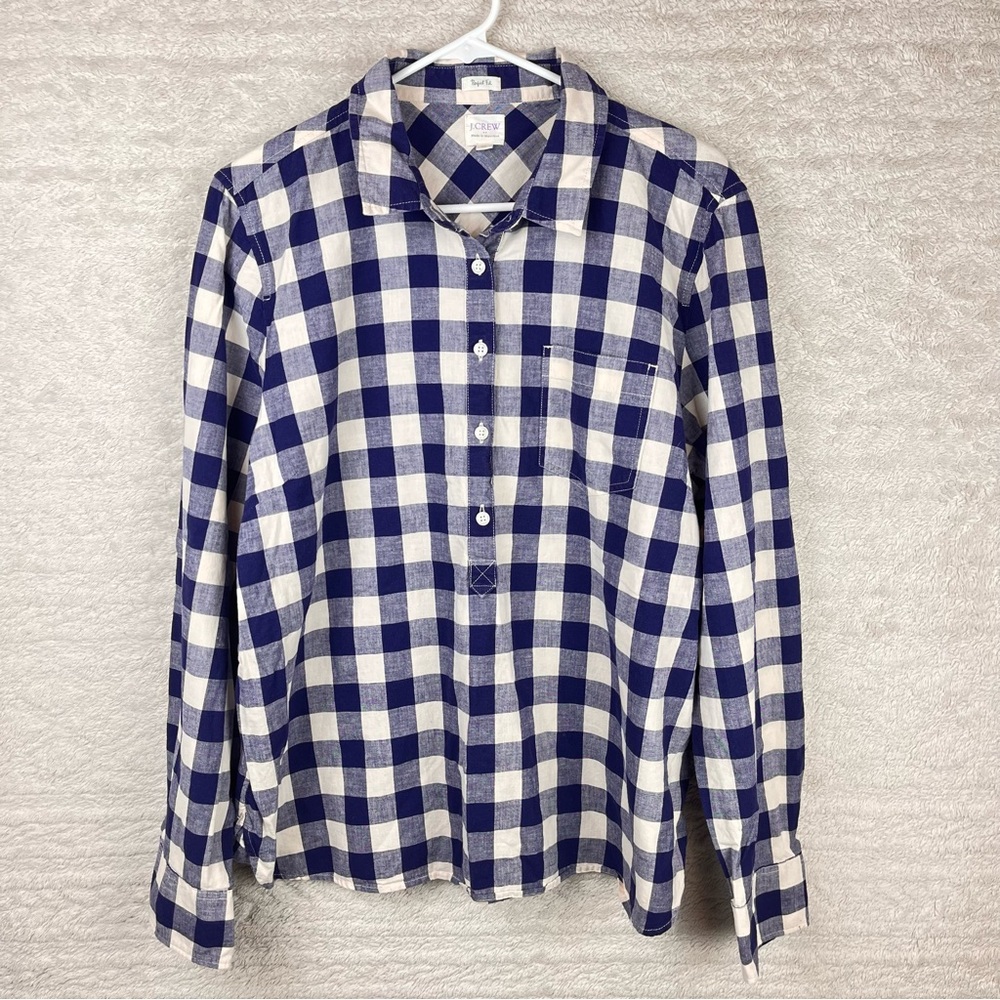 J. CREW Popover Perfect Fit Blue White Check Top Blouse 2X